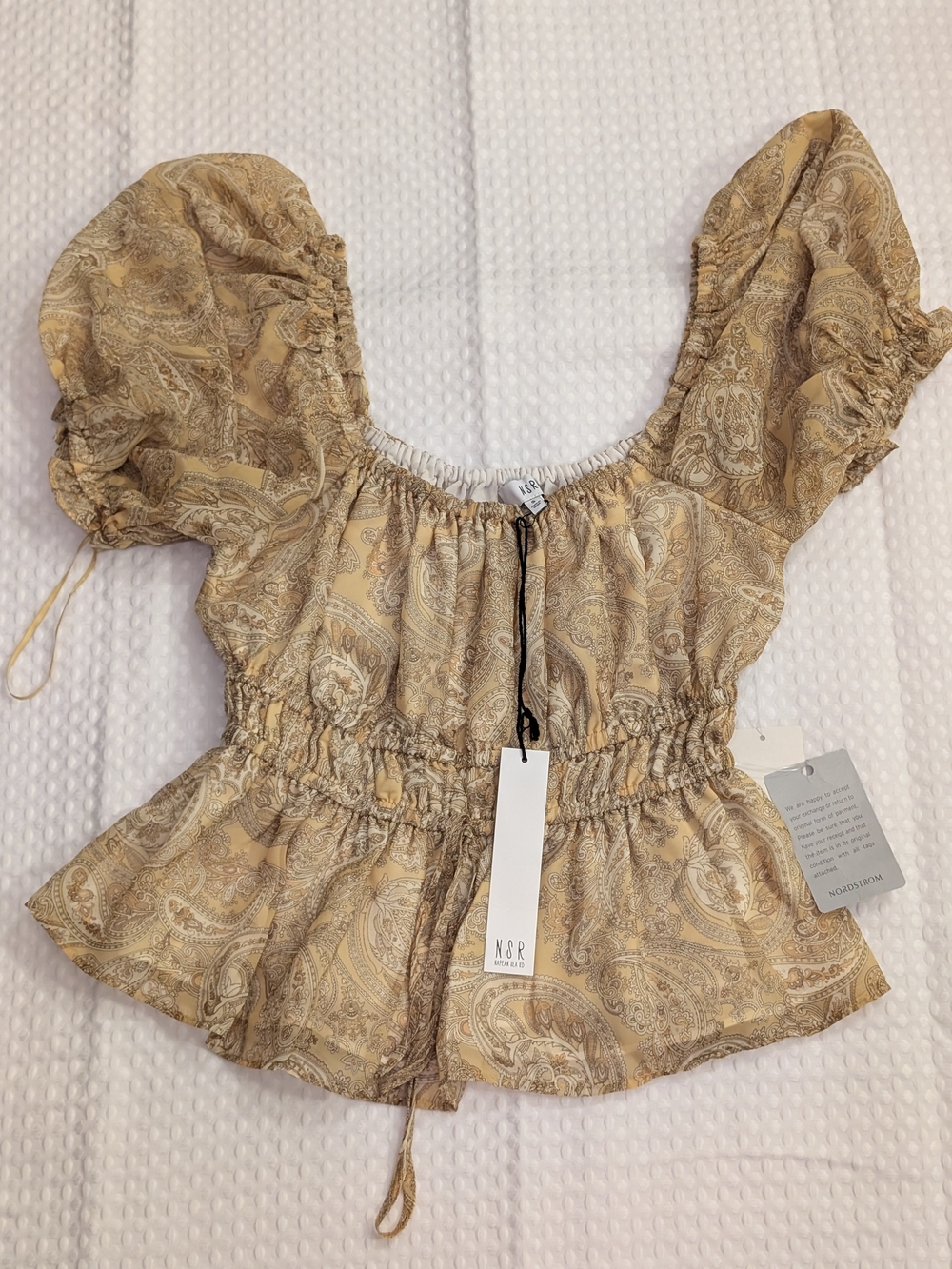 NSR Beige Paisley Crop Top with Puff Sleeves